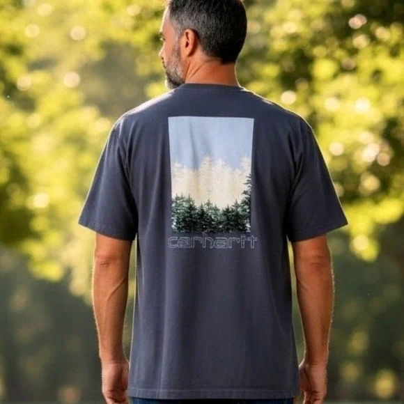 Carhartt Mens L Relaxed Fit Cotton Gray Blue Pine Forest Graphic Pocket T Shirt - Picture 3 of 12